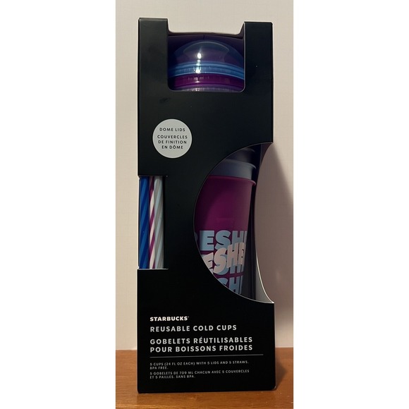 Starbucks Other - Starbucks Summer 2024 Printed Dome Lid Reusable Plastic Cold Cups Box Set x5